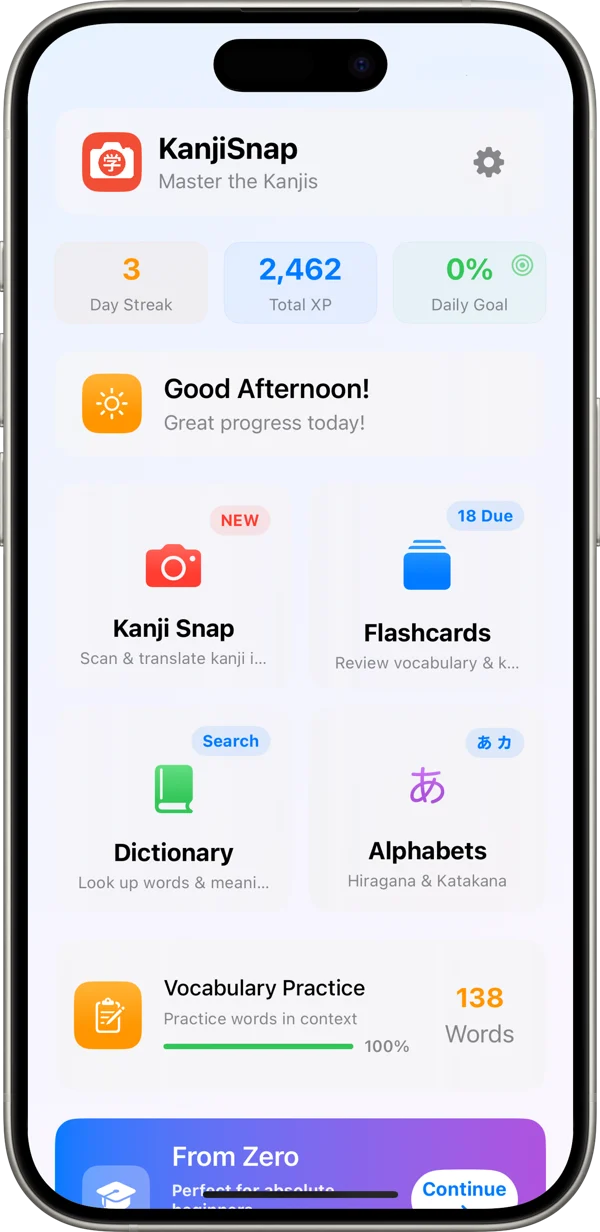 KanjiSnap showing camera scanning, flashcards, and Japanese learning tools