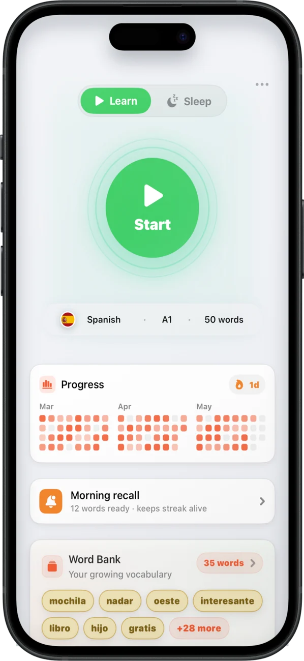 SleepLearn showing vocabulary practice, progress, and morning recall