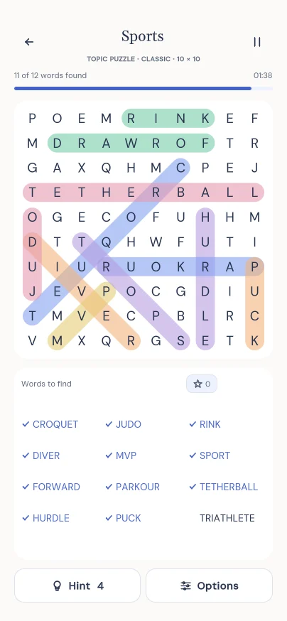 Word Search Puzzles with a completed sports word search
