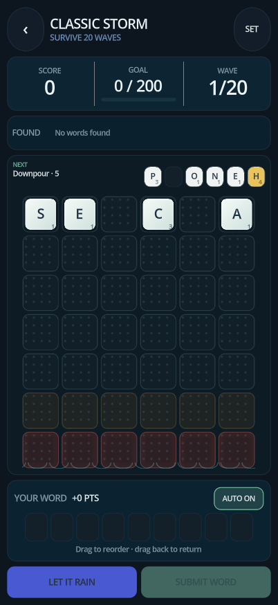 RowByWord game board with a letter rack and rising water