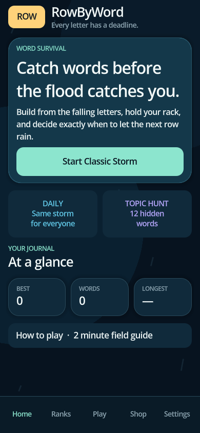 RowByWord home screen showing Classic, Daily and Themed Storm modes