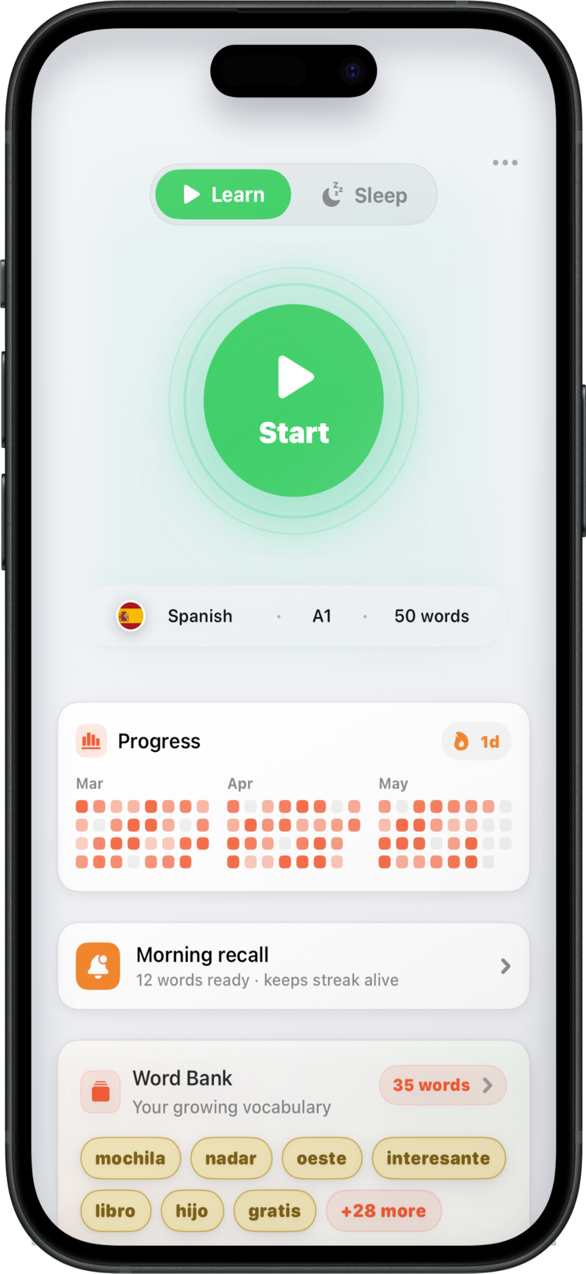 SleepLearn iPhone app screen showing a vocabulary session and memory garden