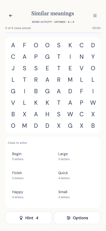Similar meanings activity, where you solve synonym clues and find the answers in the grid