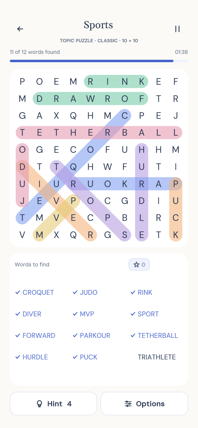 Sports word-search puzzle in the Daylight theme, with words highlighted horizontally, vertically and diagonally