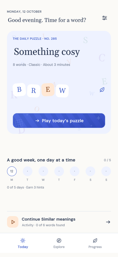 Home screen with the daily puzzle, weekly hint goal and saved puzzle